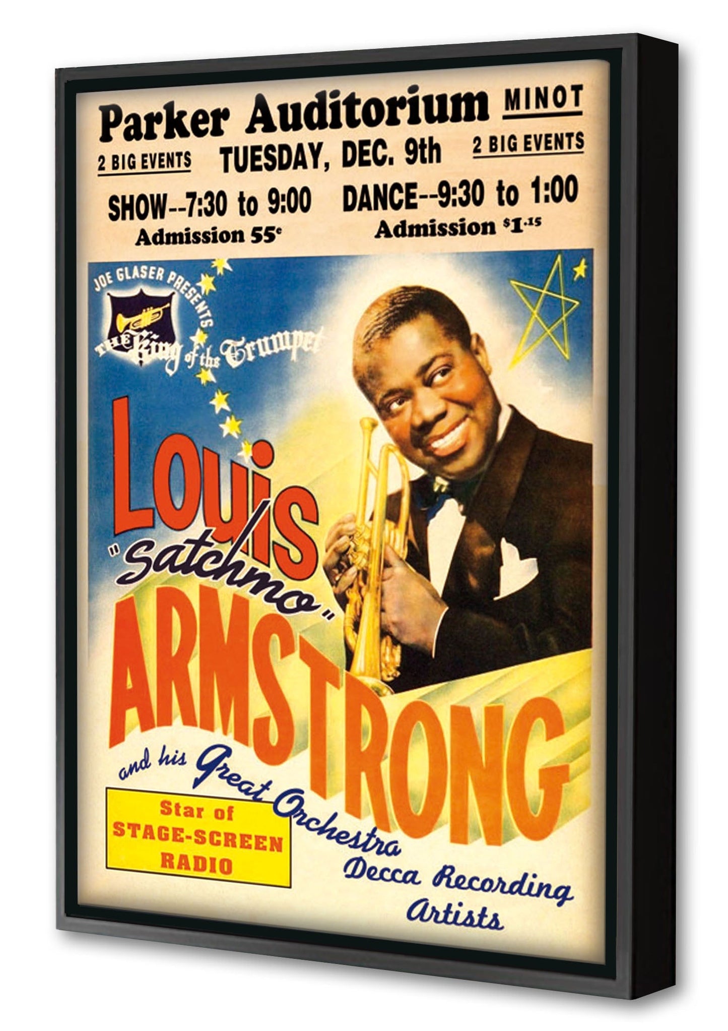 Louis Armstrong Parker Auditorium-concerts, print-Canvas Print with Box Frame-40 x 60 cm-BLUE SHAKER