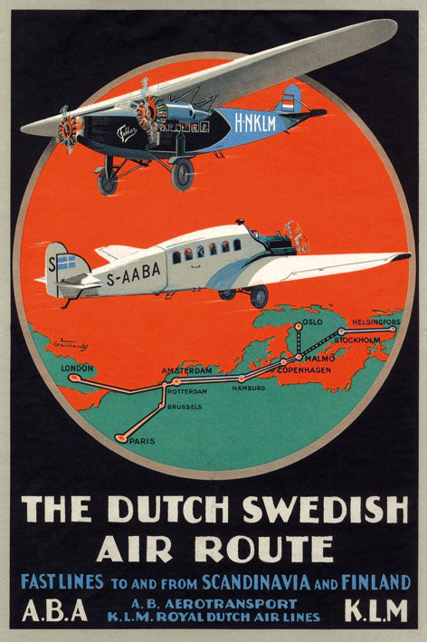 Dutch Swedish Air Route-airlines, print-Print-30 x 40 cm-BLUE SHAKER