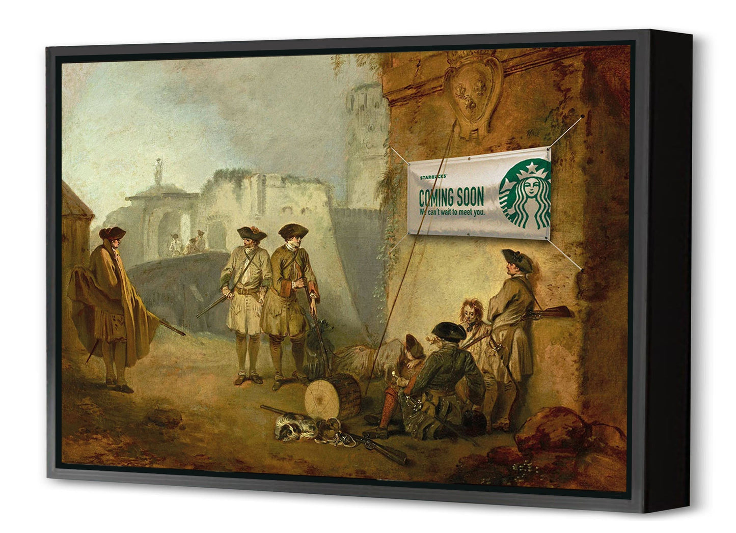 Starbucks Coming Soon-historical, print-Canvas Print with Box Frame-40 x 60 cm-BLUE SHAKER