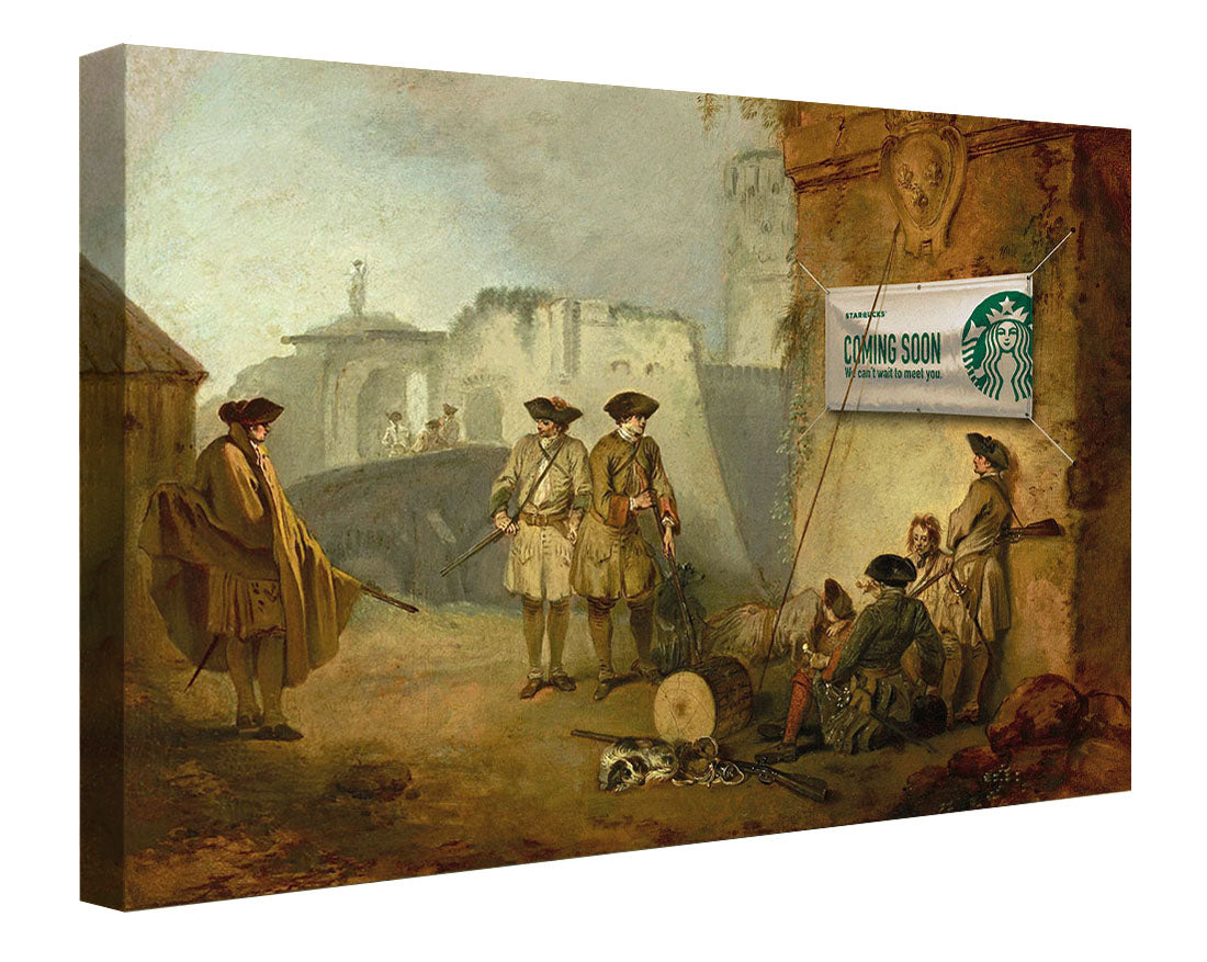 Starbucks Coming Soon-historical, print-Canvas Print - 20 mm Frame-50 x 75 cm-BLUE SHAKER