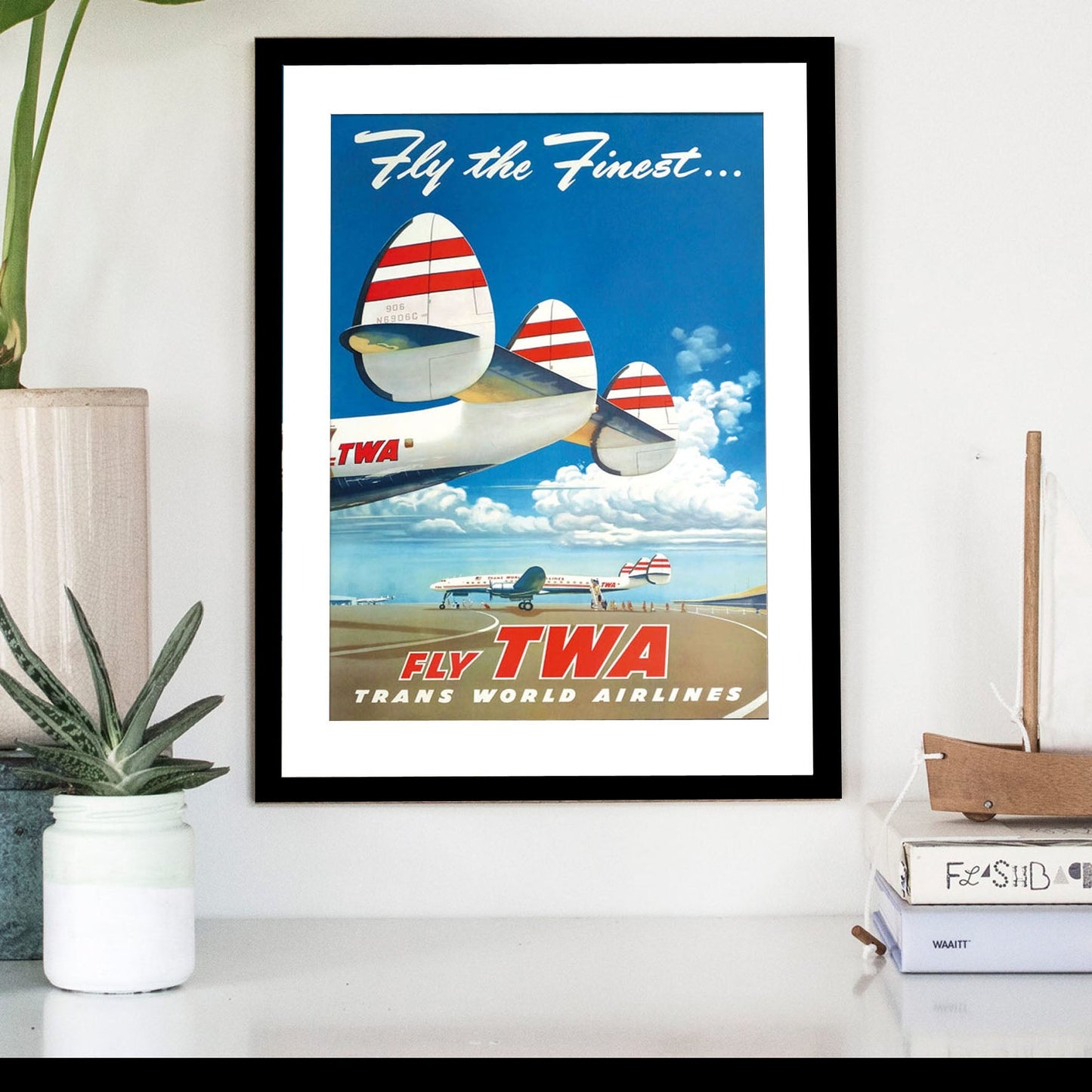 Fly TWA-airlines, print-BLUE SHAKER