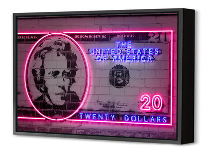 20 Dollars-neon-art, print-Canvas Print with Box Frame-40 x 60 cm-BLUE SHAKER