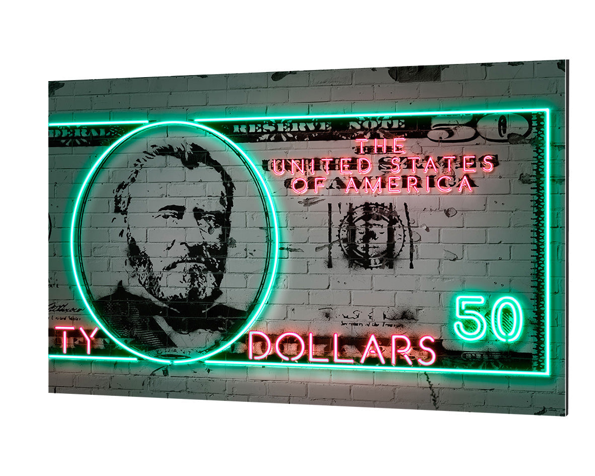 50 Dollars-neon-art, print-Alu Dibond 3mm-40 x 60 cm-BLUE SHAKER