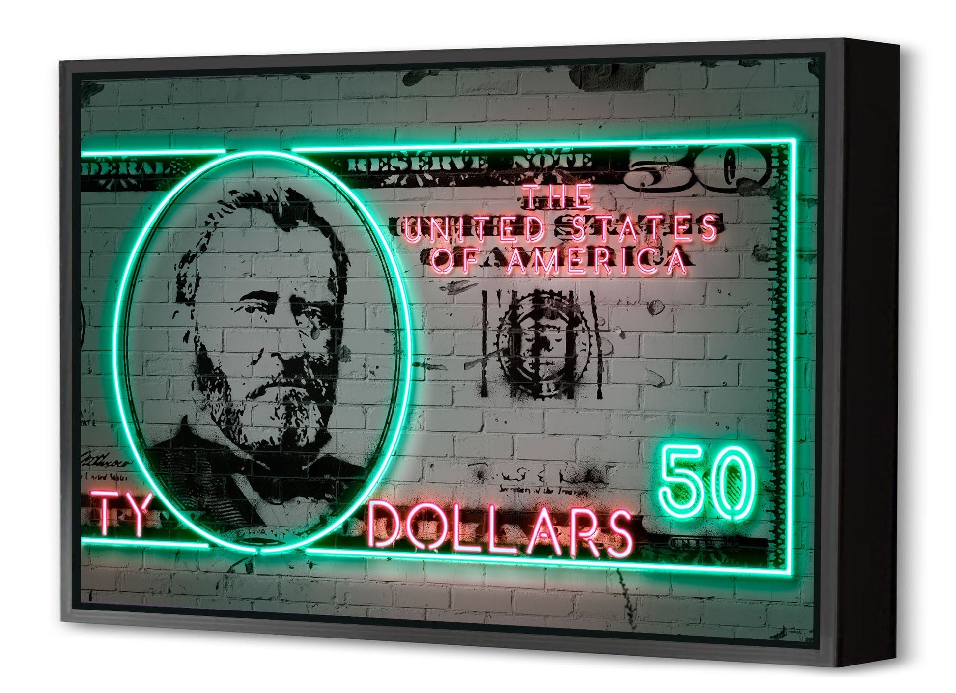 50 Dollars-neon-art, print-Canvas Print with Box Frame-40 x 60 cm-BLUE SHAKER