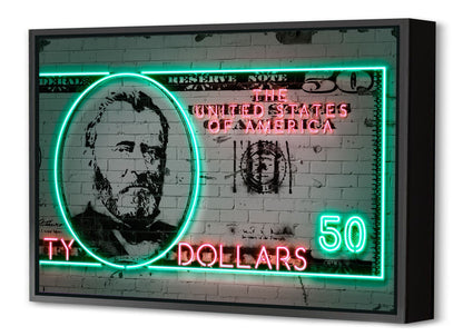 50 Dollars-neon-art, print-Canvas Print with Box Frame-40 x 60 cm-BLUE SHAKER