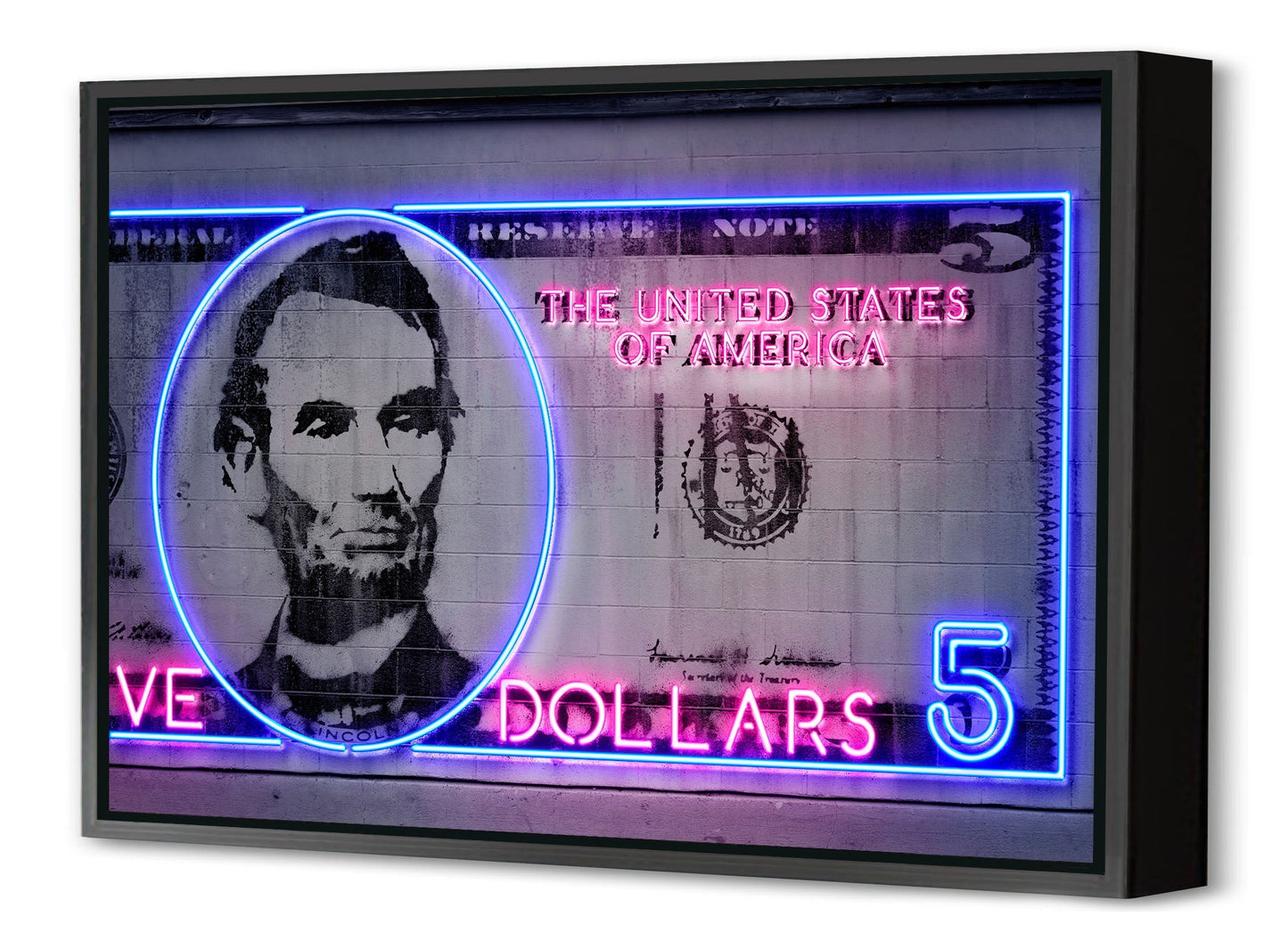 5 Dollars-neon-art, print-Canvas Print with Box Frame-40 x 60 cm-BLUE SHAKER