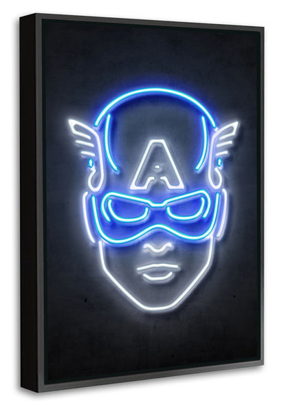 Captain America-neon-art, print-Canvas Print with Box Frame-40 x 60 cm-BLUE SHAKER