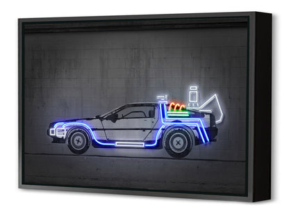 DeLorean-alt, neon-art, print-Canvas Print with Box Frame-40 x 60 cm-BLUE SHAKER