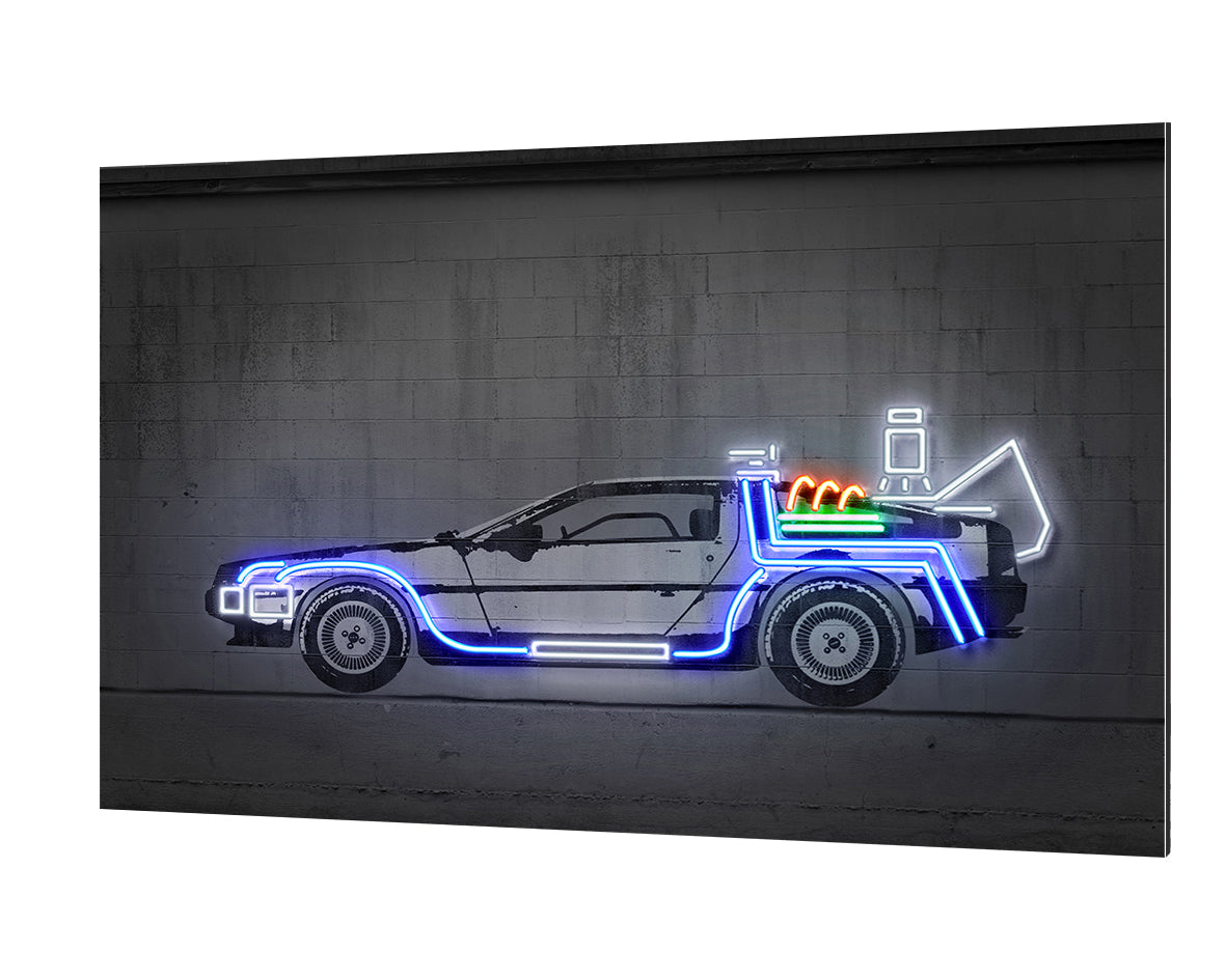 DeLorean-alt, neon-art, print-Alu Dibond 3mm-40 x 60 cm-BLUE SHAKER