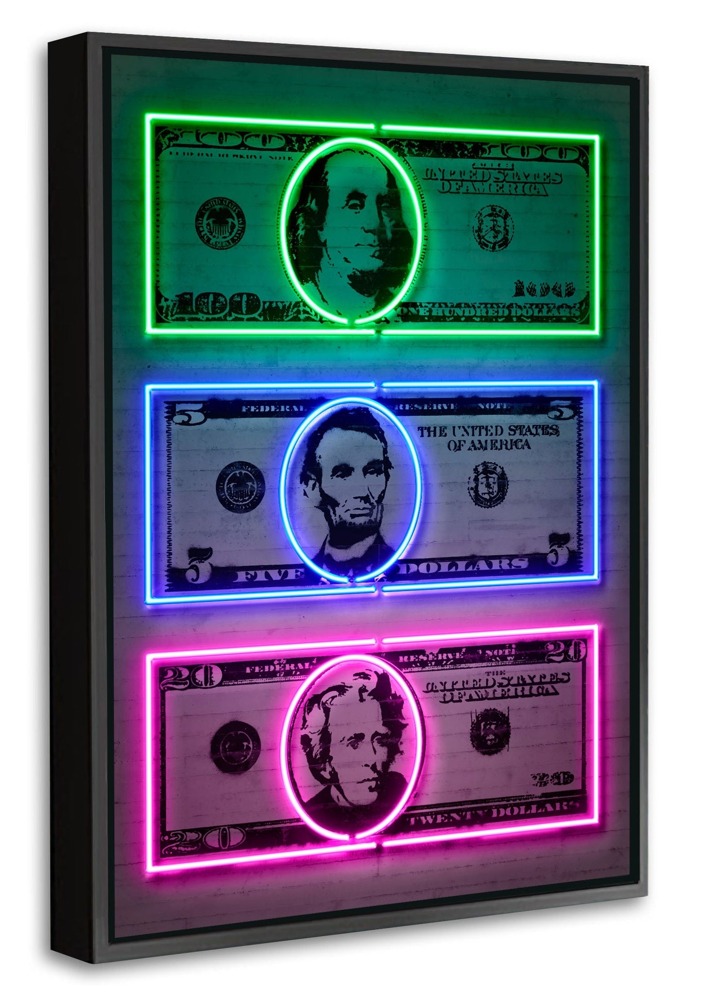 Dollars-neon-art, print-Canvas Print with Box Frame-40 x 60 cm-BLUE SHAKER