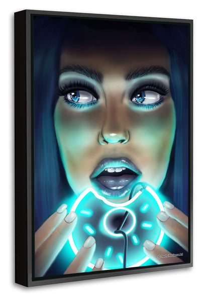 Donut Girl-neon-art, print-Canvas Print with Box Frame-40 x 60 cm-BLUE SHAKER