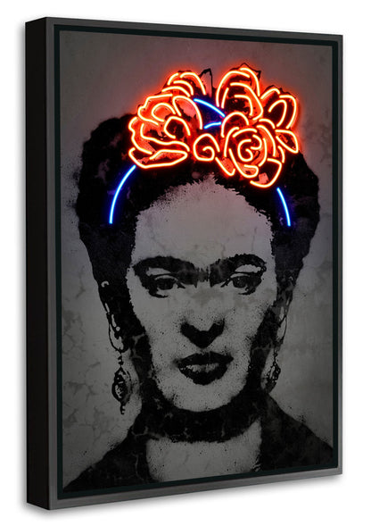 Frida Black & Red-neon-art, print-Canvas Print with Box Frame-40 x 60 cm-BLUE SHAKER
