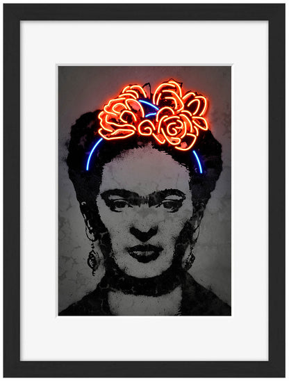 Frida Black & Red-neon-art, print-Framed Print-30 x 40 cm-BLUE SHAKER