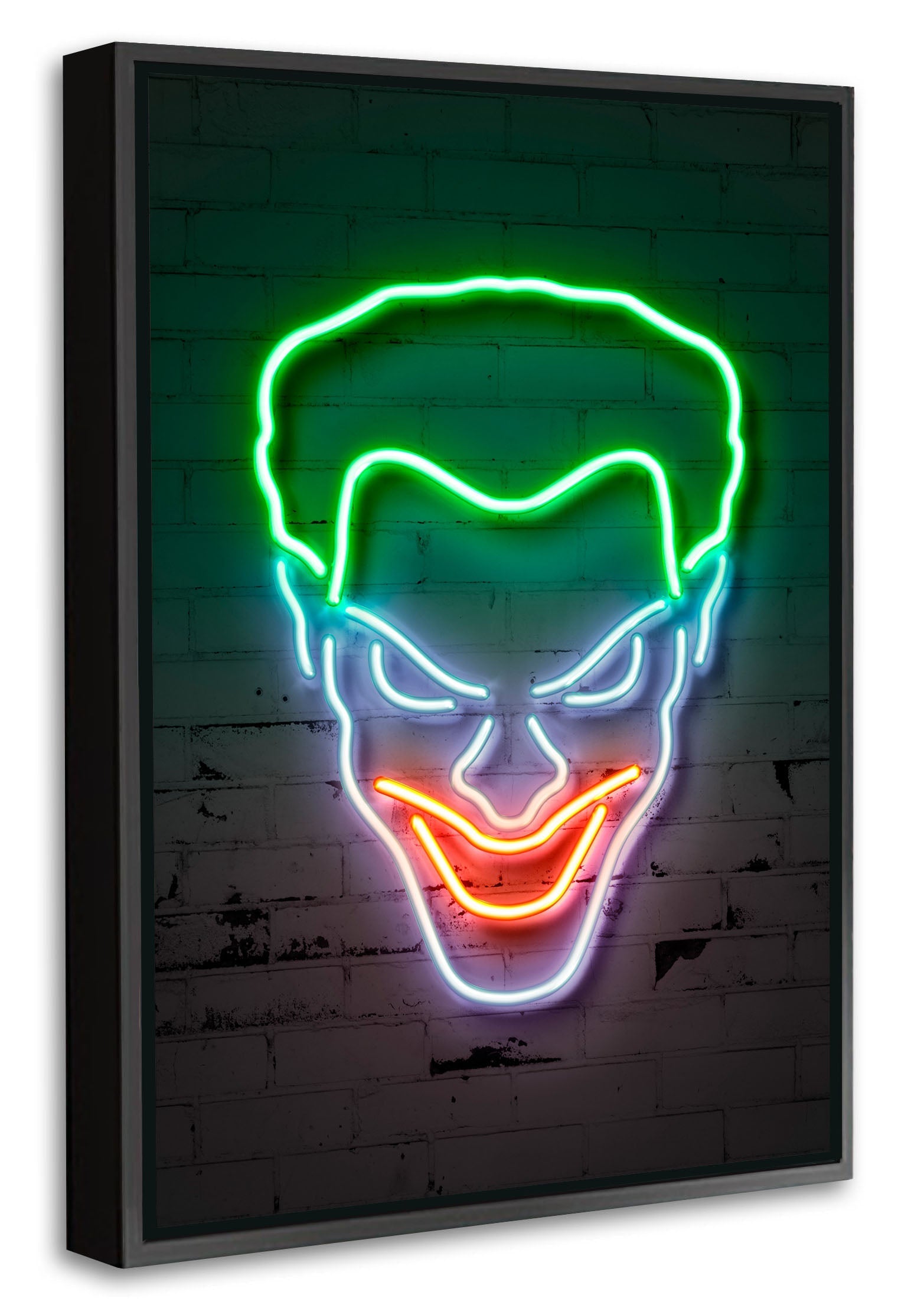 Joker Head-neon-art, print-Canvas Print with Box Frame-40 x 60 cm-BLUE SHAKER