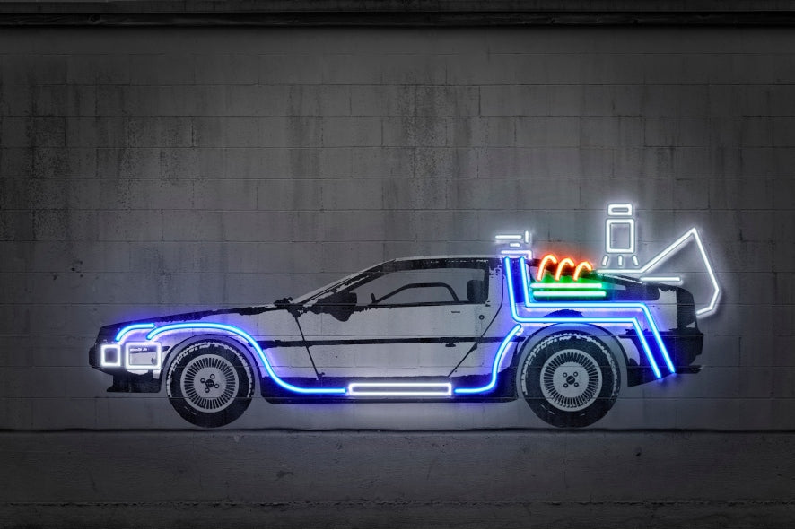 DeLorean-alt, neon-art, print-Print-30 x 40 cm-BLUE SHAKER