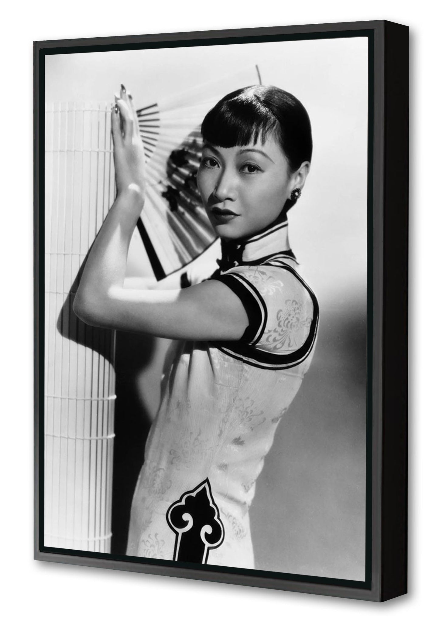 Anna May Wong-bw-portrait, print-Canvas Print with Box Frame-40 x 60 cm-BLUE SHAKER