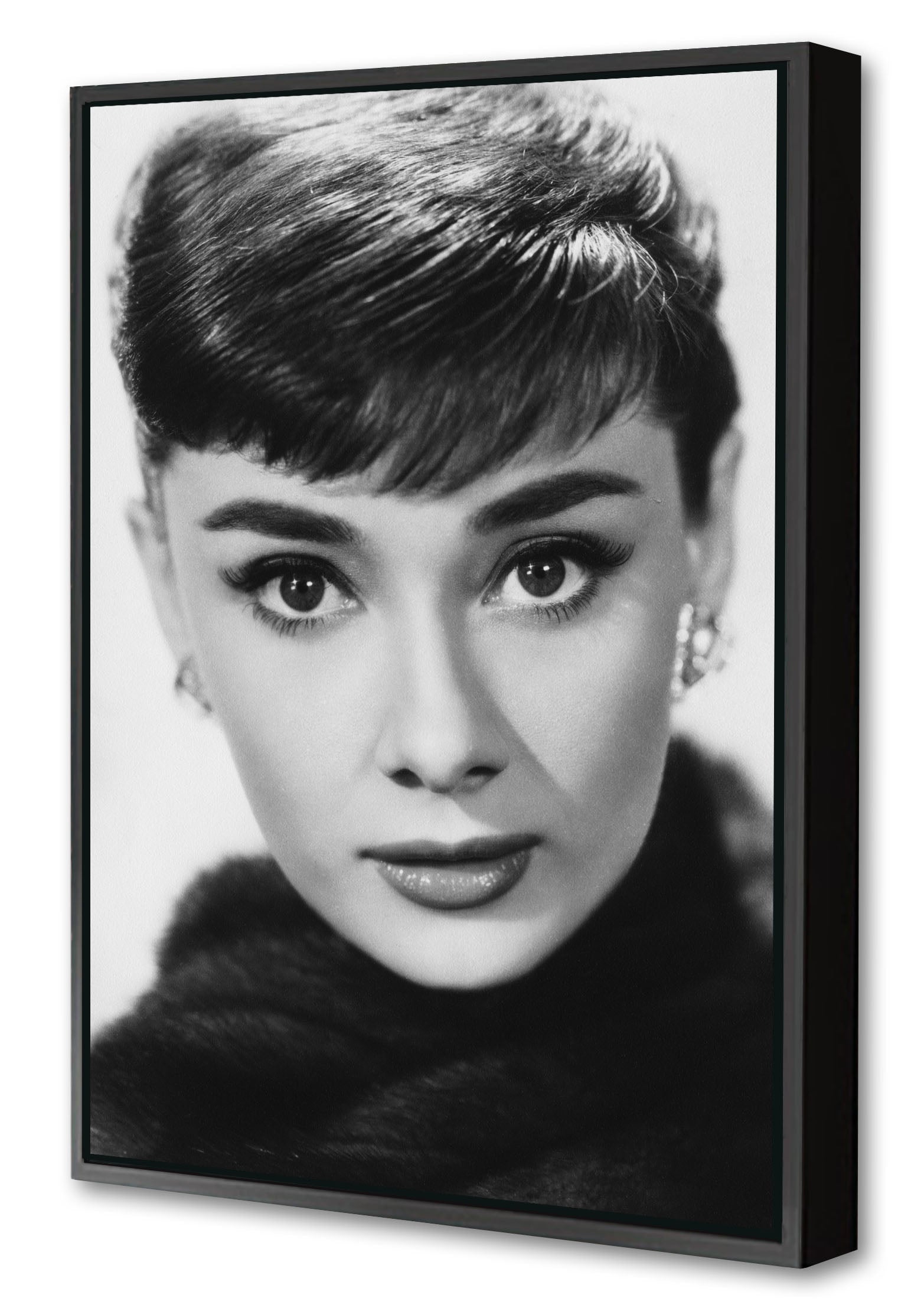 Audrey Hepburn-bw-portrait, print-Canvas Print with Box Frame-40 x 60 cm-BLUE SHAKER