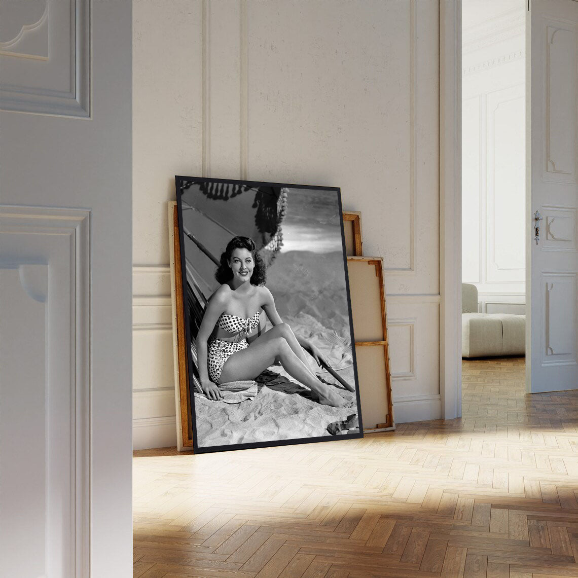 Ava Gardner Beach Umbrella-bw-portrait, print-BLUE SHAKER