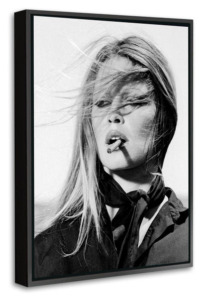 Brigitte Bardot Windy-bw-portrait, print-Canvas Print with Box Frame-40 x 60 cm-BLUE SHAKER