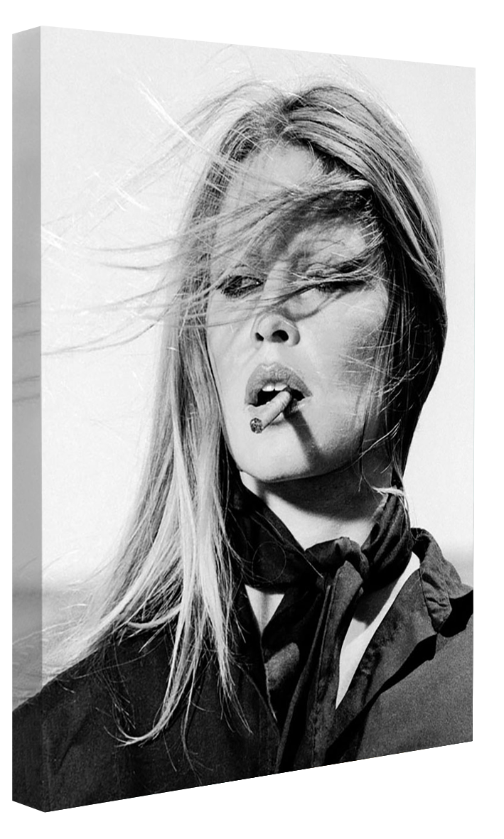 Brigitte Bardot Windy-bw-portrait, print-Canvas Print - 20 mm Frame-50 x 75 cm-BLUE SHAKER