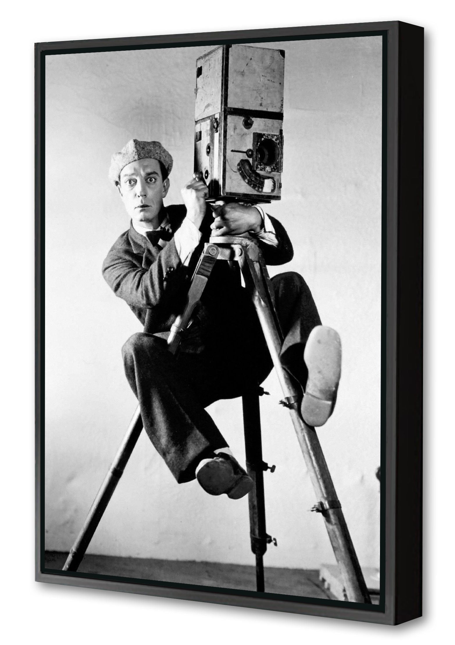 Buster Keaton Cameraman-bw-portrait, print-Canvas Print with Box Frame-40 x 60 cm-BLUE SHAKER