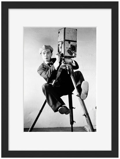 Buster Keaton Cameraman-bw-portrait, print-Framed Print-30 x 40 cm-BLUE SHAKER