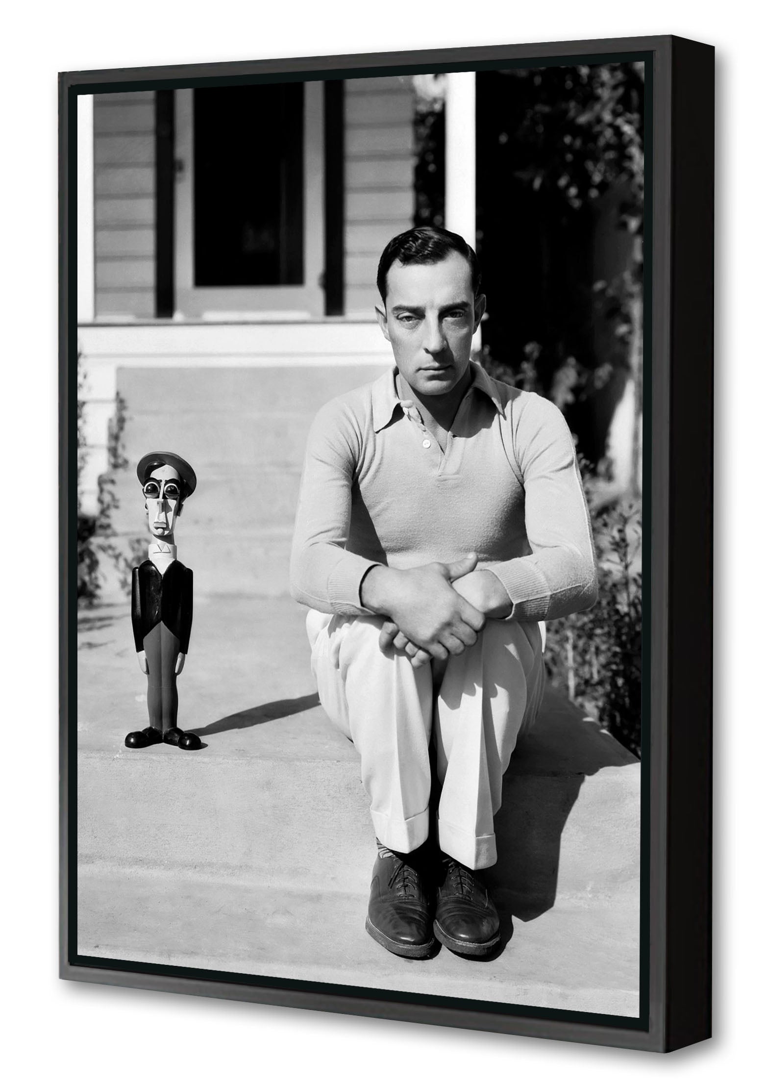 Buster Keaton with doll-bw-portrait, print-Canvas Print with Box Frame-40 x 60 cm-BLUE SHAKER