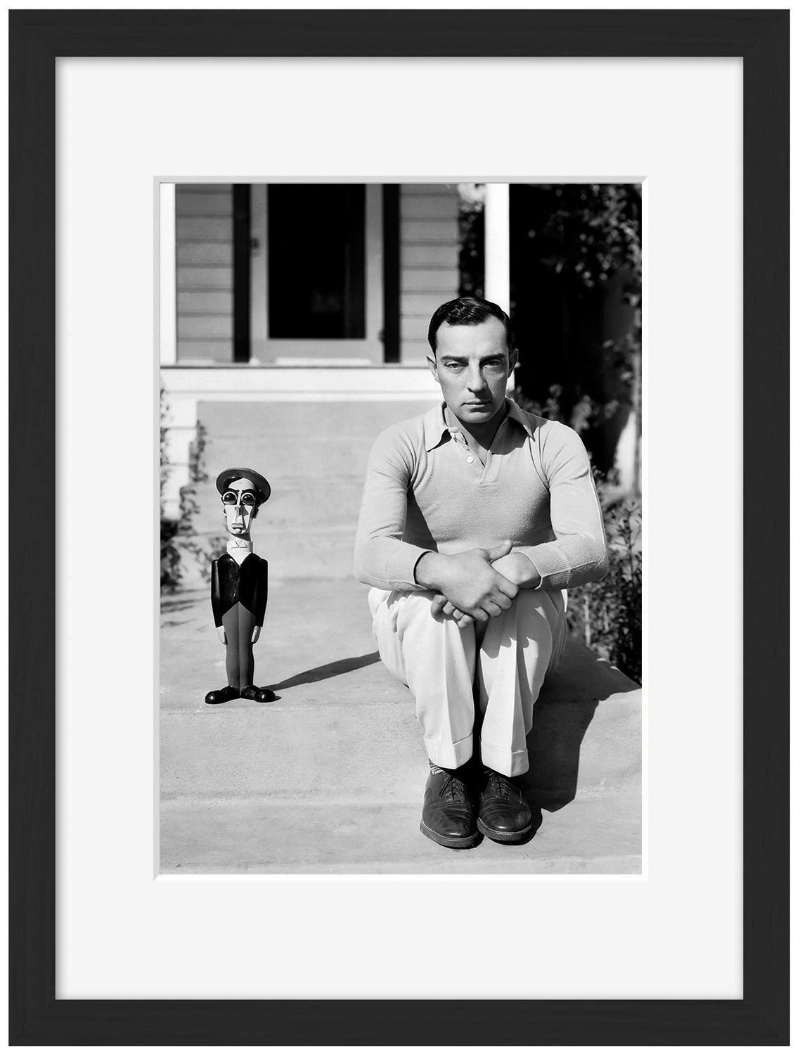 Buster Keaton with doll-bw-portrait, print-Framed Print-30 x 40 cm-BLUE SHAKER