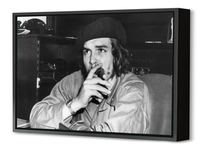 Che Guevara-bw-portrait, print-Canvas Print with Box Frame-40 x 60 cm-BLUE SHAKER