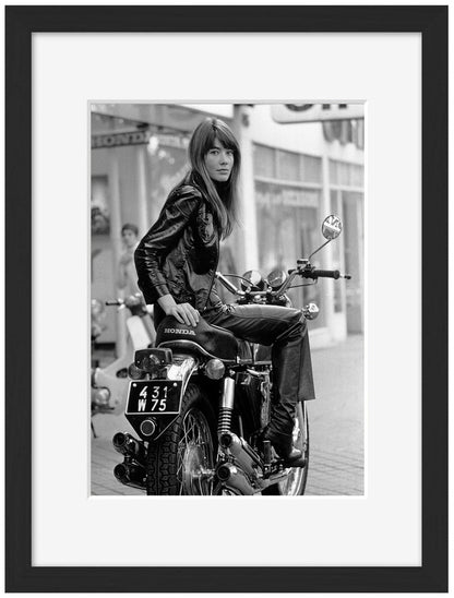 Françoise Hardy Motorbike-bw-portrait, print-Framed Print-30 x 40 cm-BLUE SHAKER