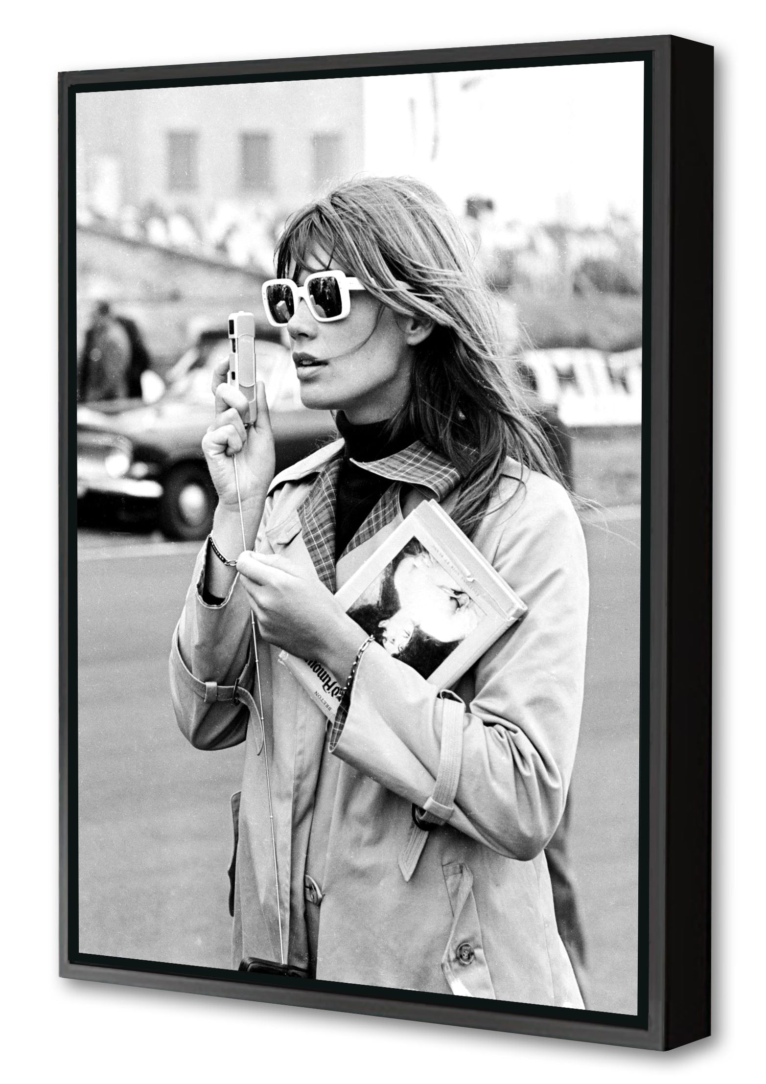 Françoise Hardy Sunglasses-bw-portrait, print-Canvas Print with Box Frame-40 x 60 cm-BLUE SHAKER