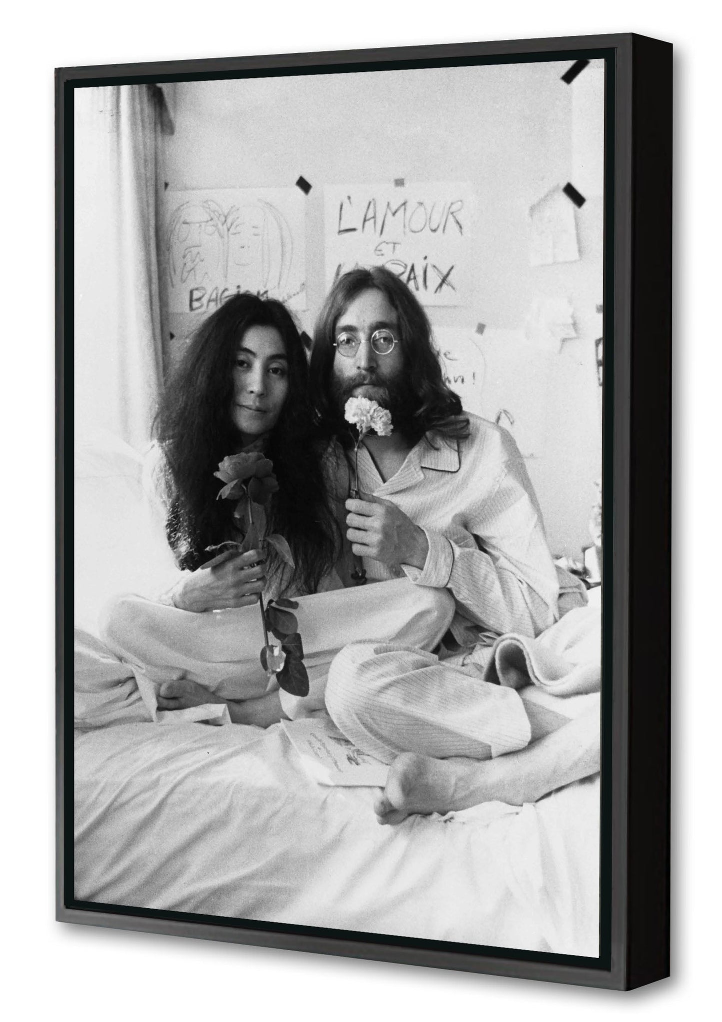 John Lennon & Yoko - in bed-bw-portrait, print-Canvas Print with Box Frame-40 x 60 cm-BLUE SHAKER