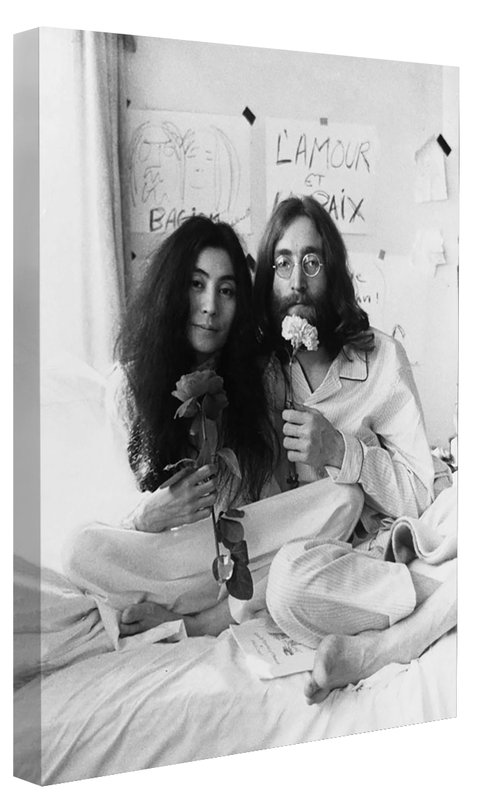 John Lennon & Yoko - in bed-bw-portrait, print-Canvas Print - 20 mm Frame-50 x 75 cm-BLUE SHAKER