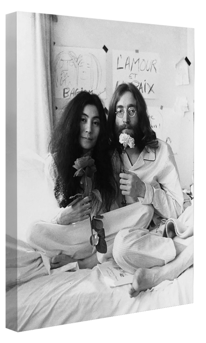 John Lennon & Yoko - in bed-bw-portrait, print-Canvas Print - 20 mm Frame-50 x 75 cm-BLUE SHAKER