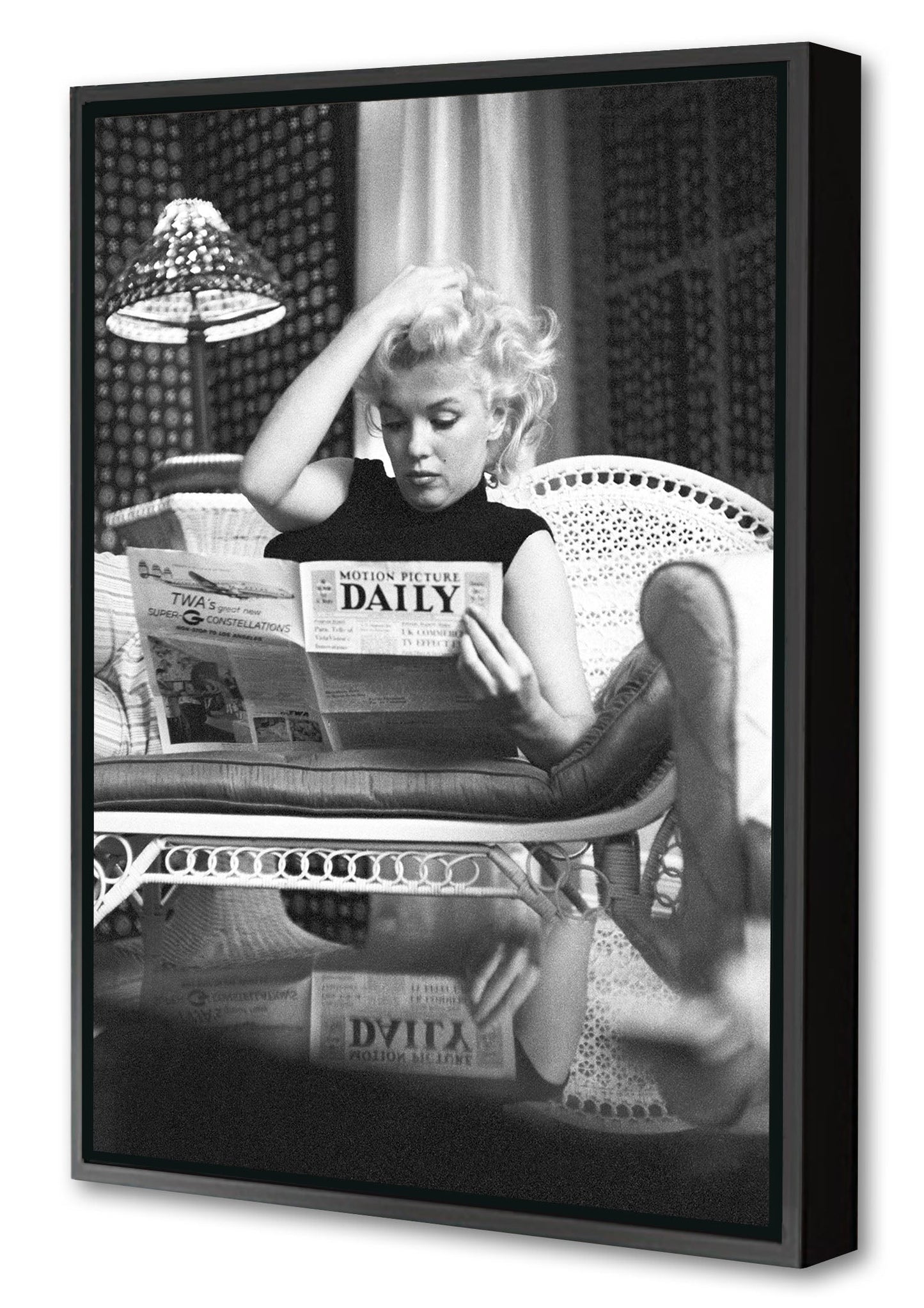 Marilyn Monroe – Daily Newspaper-bw-portrait, print-Canvas Print with Box Frame-40 x 60 cm-BLUE SHAKER