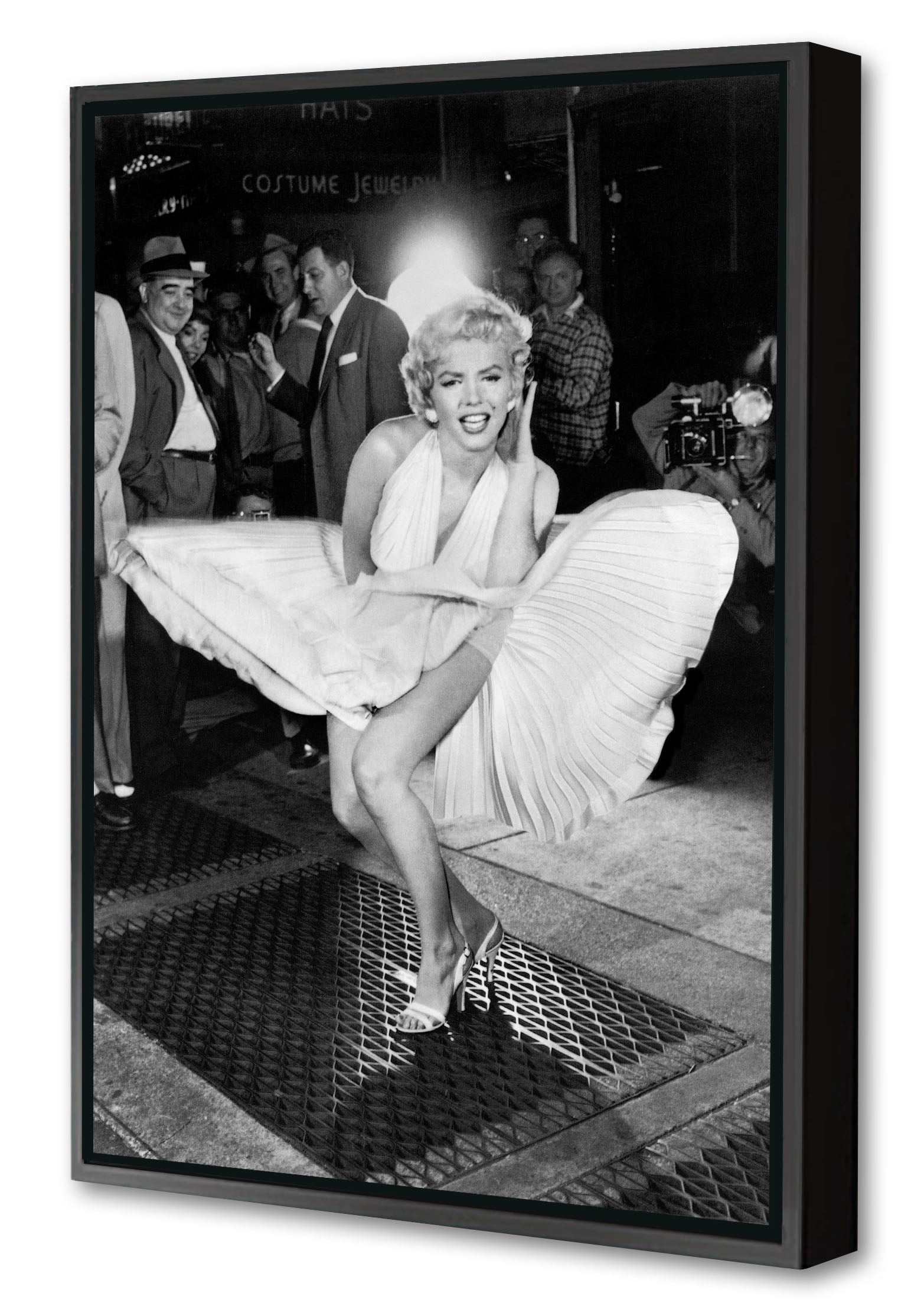 Marilyn Monroe – Subway Dress-bw-portrait, print-Canvas Print with Box Frame-40 x 60 cm-BLUE SHAKER