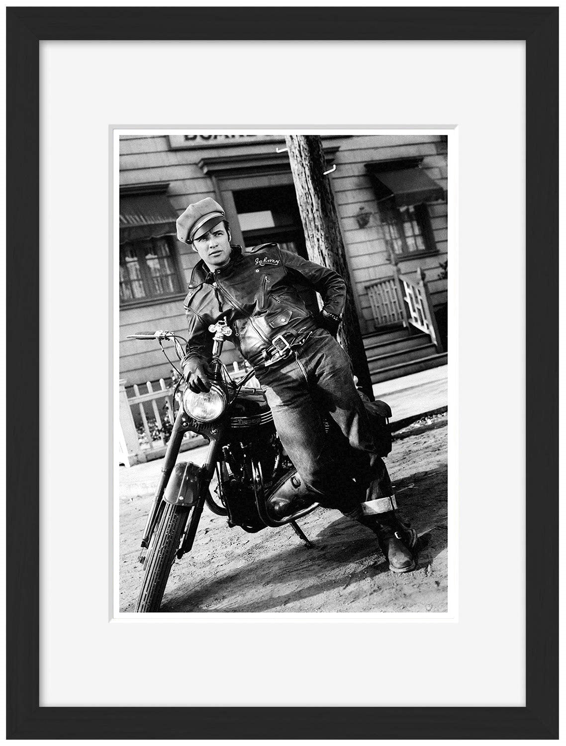 Marlon Brando Motorbike-bw-portrait, print-Framed Print-30 x 40 cm-BLUE SHAKER