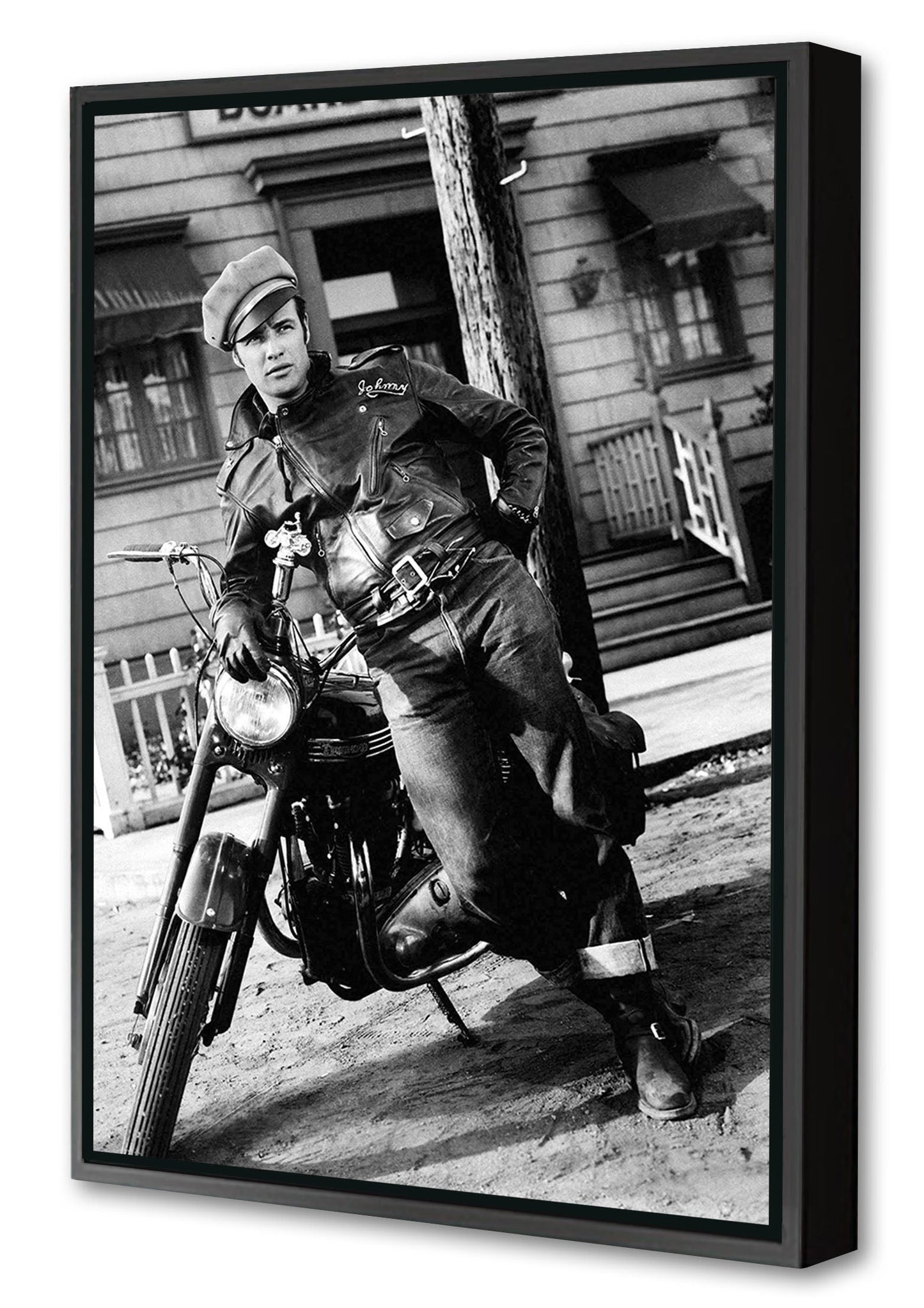 Marlon Brando Motorbike-bw-portrait, print-Canvas Print with Box Frame-40 x 60 cm-BLUE SHAKER