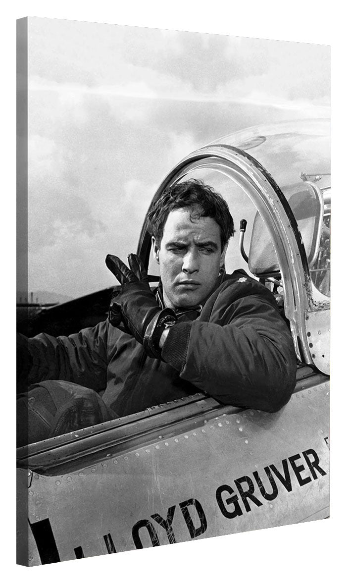 Marlon Brando Pilot-bw-portrait, print-Canvas Print - 20 mm Frame-50 x 75 cm-BLUE SHAKER