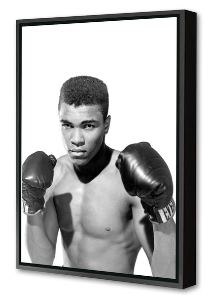 Muhamad Ali - Boxing-bw-portrait, print-Canvas Print with Box Frame-40 x 60 cm-BLUE SHAKER
