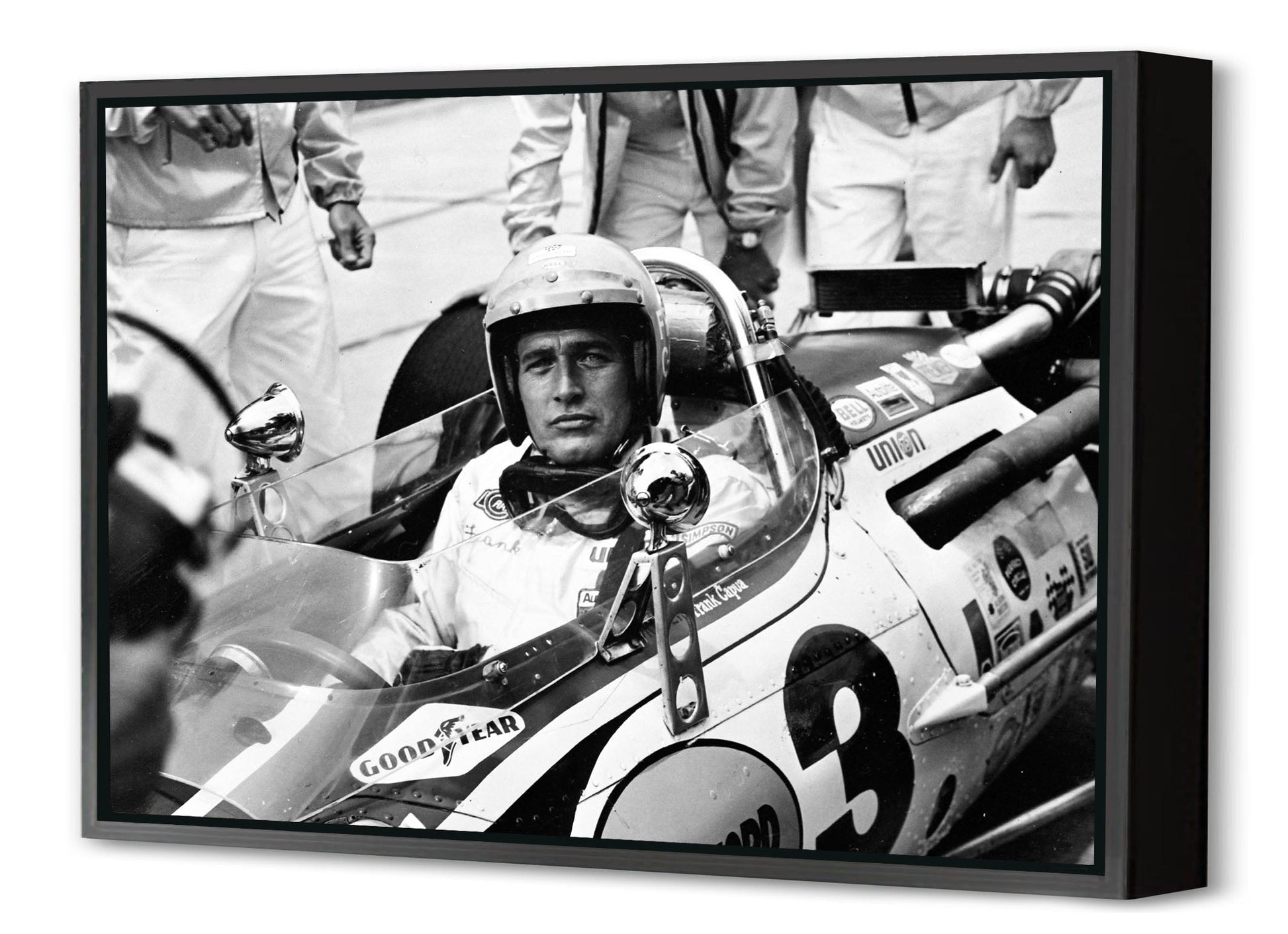 Paul Newman - Racer-bw-portrait, print-Canvas Print with Box Frame-40 x 60 cm-BLUE SHAKER