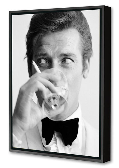 Roger Moore-bw-portrait, print-Canvas Print with Box Frame-40 x 60 cm-BLUE SHAKER