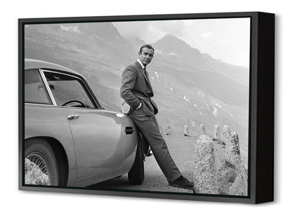 Sean Connery - Aston Martin-bw-portrait, print-Canvas Print with Box Frame-40 x 60 cm-BLUE SHAKER