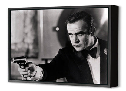 Sean Connery – Gun 2-bw-portrait, print-Canvas Print with Box Frame-40 x 60 cm-BLUE SHAKER
