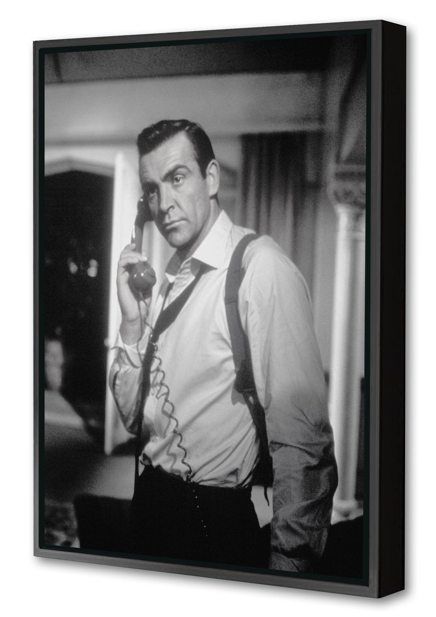 Sean Connery – Phone-bw-portrait, print-Canvas Print with Box Frame-40 x 60 cm-BLUE SHAKER