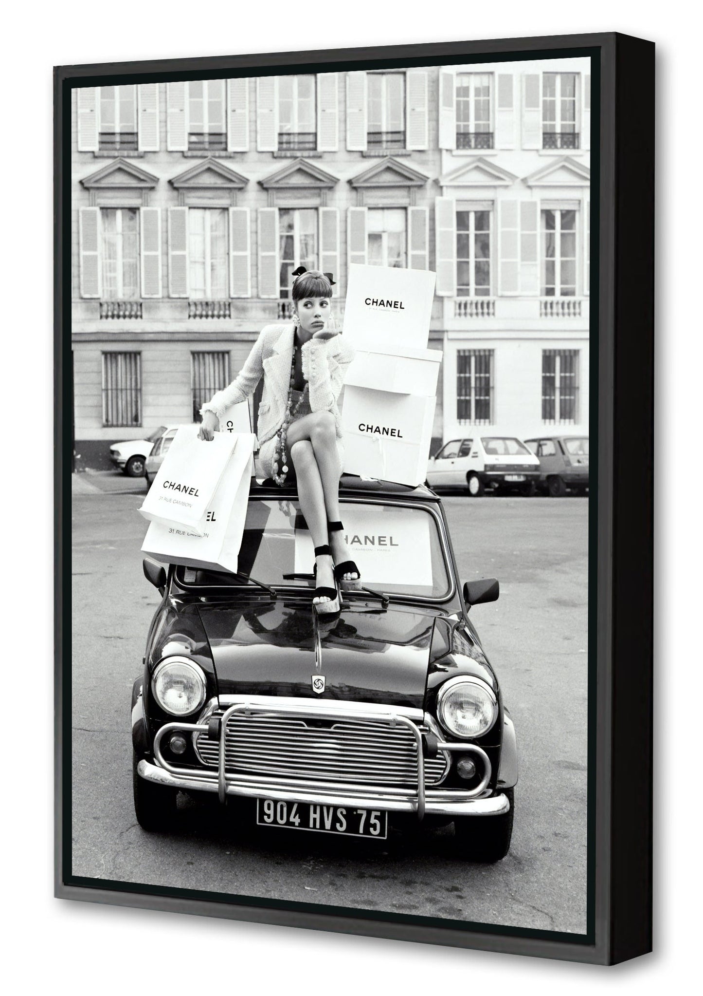 Shopping in Paris-bw-portrait, print-Canvas Print with Box Frame-40 x 60 cm-BLUE SHAKER