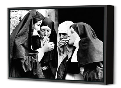 Smoking Nuns-bw-portrait, print-Canvas Print with Box Frame-40 x 60 cm-BLUE SHAKER