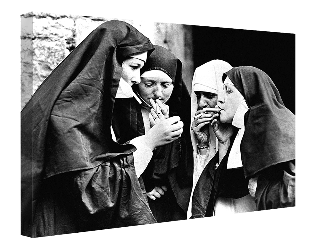 Smoking Nuns-bw-portrait, print-Canvas Print - 20 mm Frame-50 x 75 cm-BLUE SHAKER