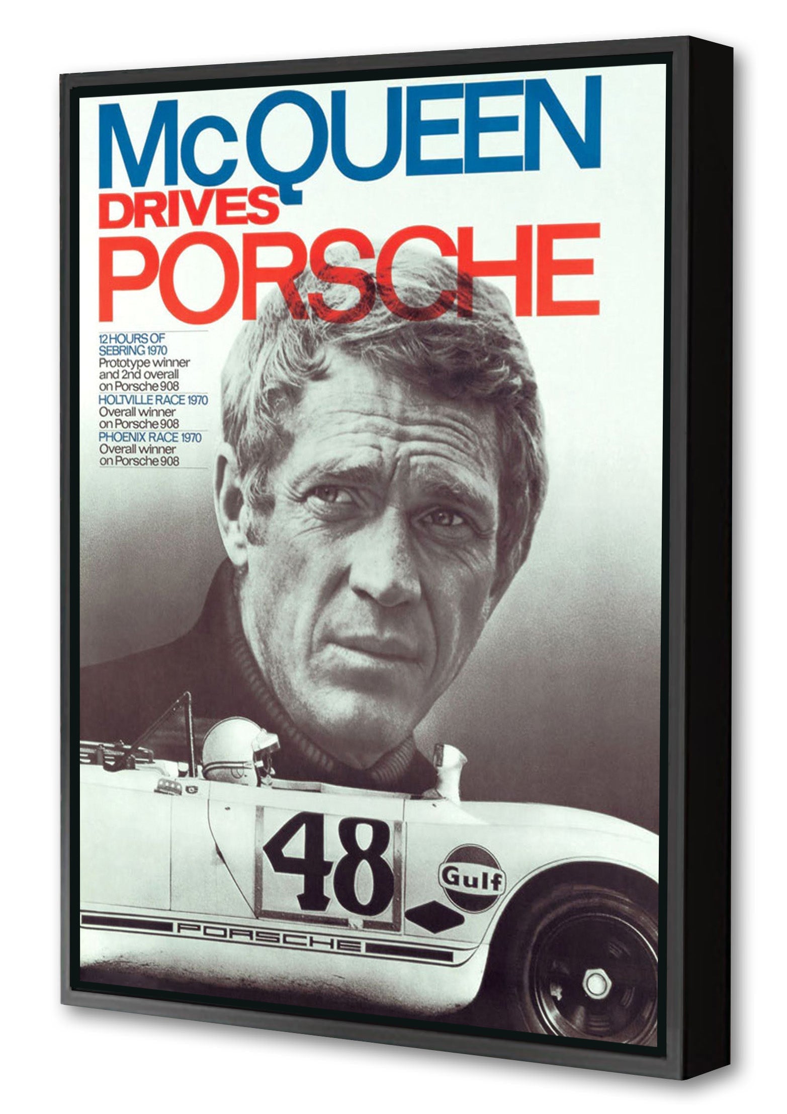 Steve Mc Queen - Drives Porsche-bw-portrait, print-Canvas Print with Box Frame-40 x 60 cm-BLUE SHAKER