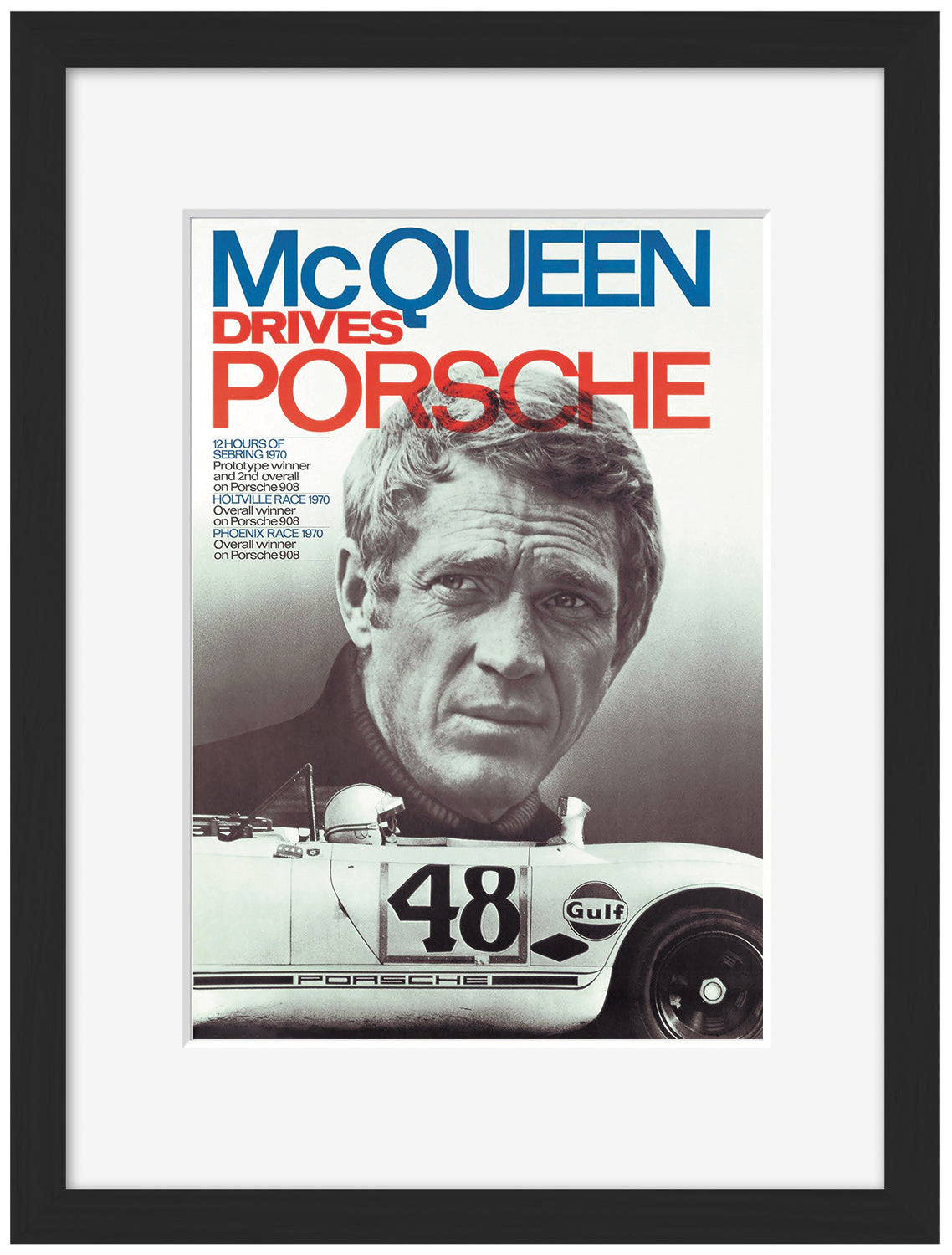 Steve Mc Queen - Drives Porsche-bw-portrait, print-Framed Print-30 x 40 cm-BLUE SHAKER
